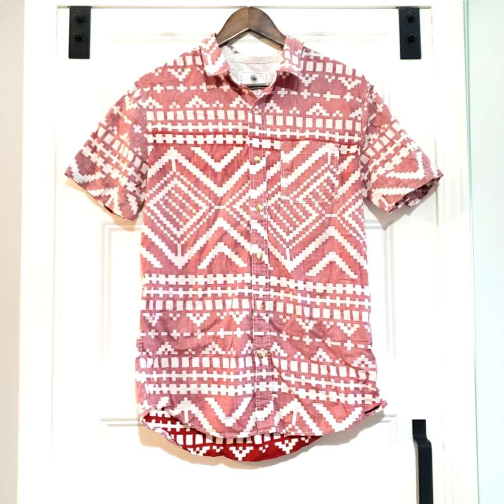 On The Byas Mens M Button Up Collared Shirt Geometric Red White Cotton
